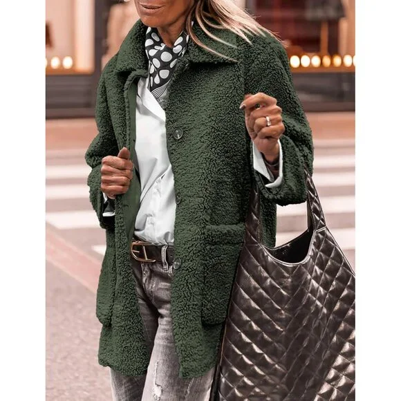 Trendy Women's Sherpa Fleece Jacket with Lapel Collar - Cozy Winter Essential